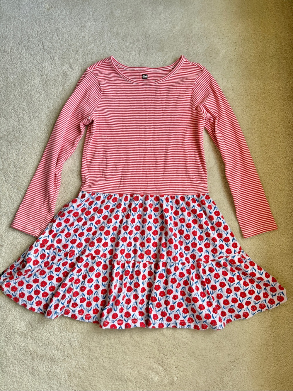 Tea Collection Red Stripe Top with Floral Tiered Skirt Dress Girls Size 8